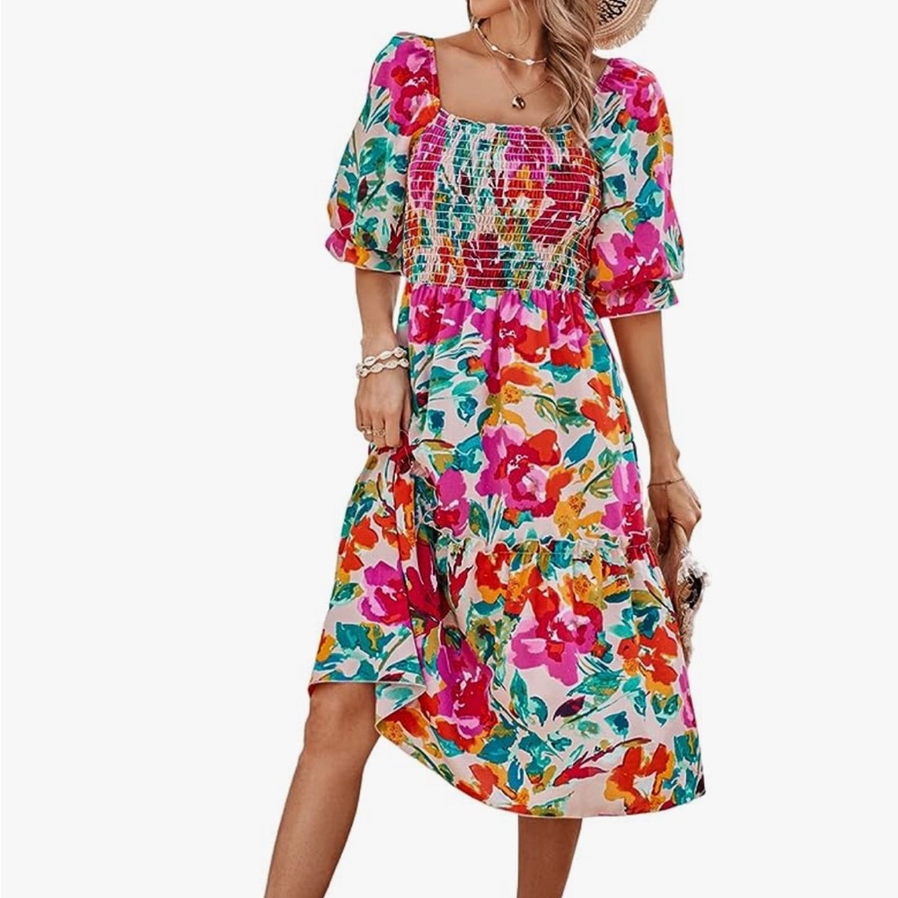 PRETTYGARDEN Womens Puff Sleeve Square Neck A Line Flowy Boho Floral Smocked